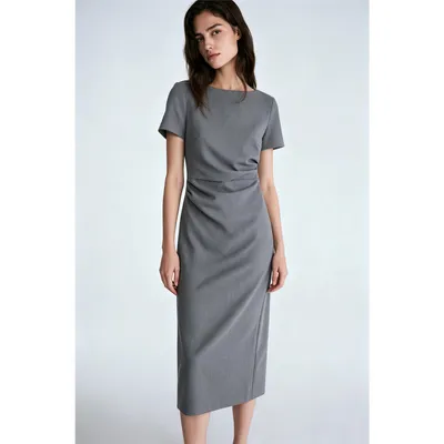 Women Boat Neck Short Sleeve MIDI Sheath Dress, Ruched Waist Slim Fit Pencil Dress, Elegant Business Office Work Dress