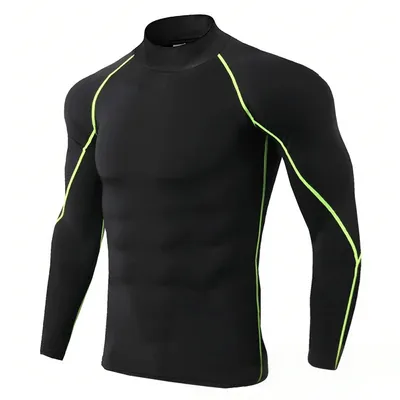 Men High Neck Workout Shirts Slim Fit Long Sleeve Compression Top for Yoga Cycling Gym Training Quick Dry Sports Shirt