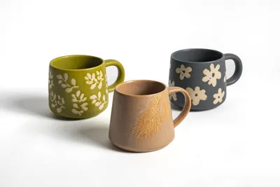 3-Piece Handmade Ceramic Mug Set – Matte Finish Coffee Mugs with Floral & Nature-Inspired Engraved Patterns