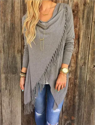 T1122 Women Fashion Shirt with Tassel Long Sleeve Tilted Placket