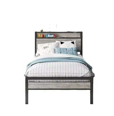 Black Twin Size Bed Frame with LED Lights Storage Headboard and USB Charging Station, Heavy Duty Metal Single Platform Bed Frame