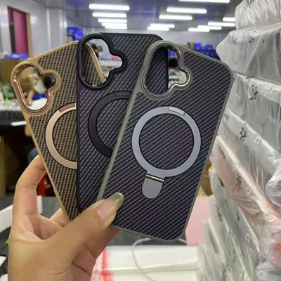 Carbon Fiber TPU PC Case Shockproof Protective Phone Back Cover with 360 Rotation Kickstand Holder for iPhone 17 16 15 14 13 12 PRO Max Phone Case Cover