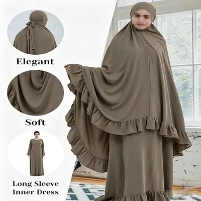 Modest Islamic Women Prayer Abaya Set, Ruffled Chiffon Two-Piece Khimar & Skirt, Full Coverage Muslim Hijab Dress for Daily Wear and Worship