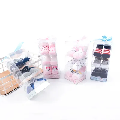 Breathable Baby Socks Infant Cotton Socks PVC Box Gift Set Kids Socks Three Pairs