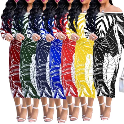 2021 Stylish off Shoulder Leaf Printing MIDI Maxi Ladies Dresses