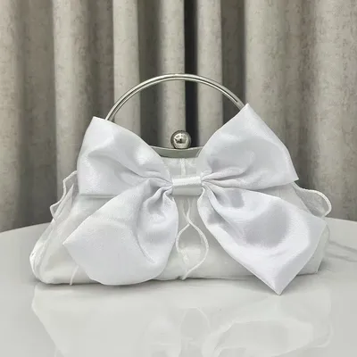 Women's White Bow Knot Metal Frame Clutch Evening Handbag
