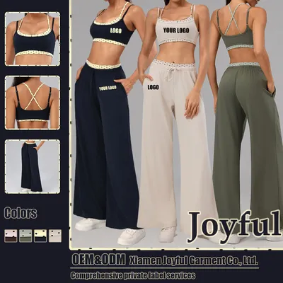 Color-Blocking Gym Clothing Baggy Pants Bra 2 Piece Activewear Sports Set Women