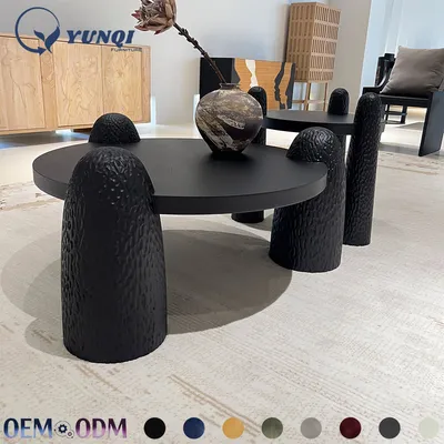 Hand Carved Textured Legs Nesting Coffee Table Modern Minimalist Black Round Center Table