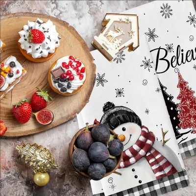 Black Red Xmas Tree Snowman Christmas Kitchen Dish Towels Custom Tea Towel