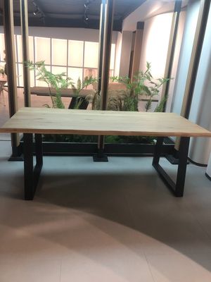 Zerun Solid Wood Rectangular Dining Table, Light Color Oak Top with Metal Legs, Wave Edge