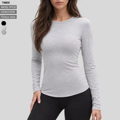 Women Ribbed Crew Neck Long Sleeve Yoga Top Nude Feeling Slim Fit Quick Dry Breathable Antibacterial Fitness Sports T Shirt