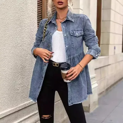 Washed Long Sleeve Raw Edge Denim Shirt Top Women's Denim Jacket