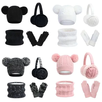 Custom Wholesale Winter Knit Set Acrylic Beanie Neck Warmer Knit Gloves Earmuffs