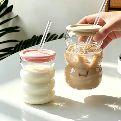 Ripples Glass Tumbler with Lid and Straw High Borosilicate Glass Drinking Cup