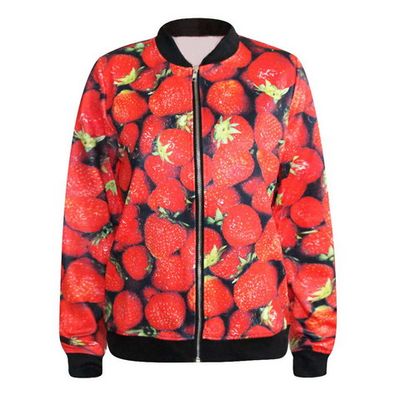 Fall Fashion for Women 3D Red Stawberry Printed Women Jacket Outwear Zipper Varsity Jakets Blazer Feminino Jaqueta College
