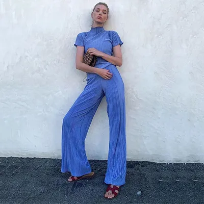 Slanna Casual Short Sleeves Crop Top and Pleated Trouser Suit for Women Straight Flare Pants 2 Pieces Sets