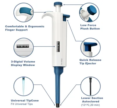 Chemical Resistant Single-Channel Pipette Half Autoclavable for Lab Research