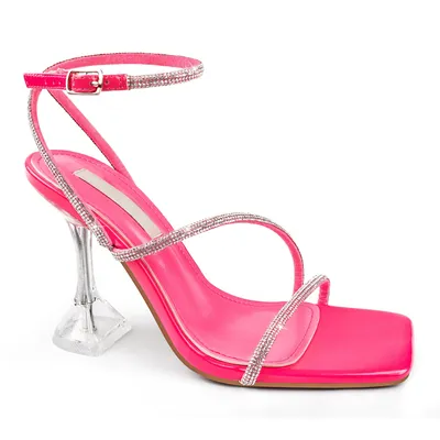 Rhinestone High Heels Crystal Strappy Heels Square Toe Sandals for Dating Party