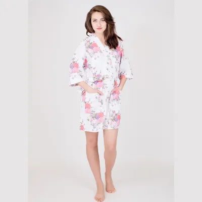 Women Home Printed Short Sleeve Waffle Cotton Kimono Bridesmaids Ladies Bathrobe SPA Robe