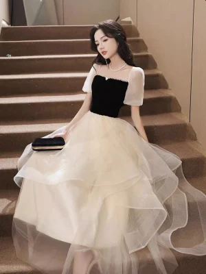Nnr New Puffed Sleeve Sweet Style Super Fairy Cake Dress Banquet Host Evening Dress
