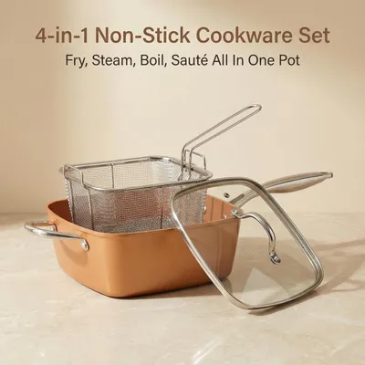 4-Piece Nonstick Deep Fryer Pot Set with Basket & Glass Lid