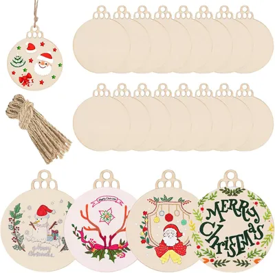 Unfinished Wooden Christmas Ornaments - Pre-Drilled Wood Slices for DIY Crafts, Painting, Holiday Hanging Decorations, Customizable Round Discs