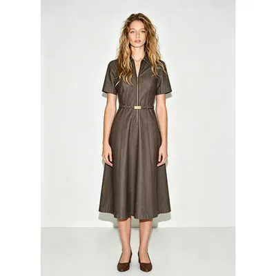 Women Collared Short Sleeve Shirt MIDI Dress, Front Zipper A-Line Flared Dress with Matching Waist Belt, Elegant Office Work Dress