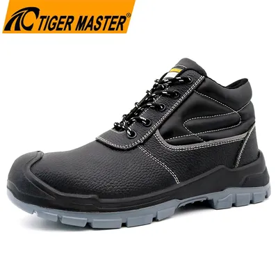 Tiger Master Oil Water Resistant Anti-Slip Steel Toe Puncture-Proof Men's Black Leather Construction Safety Shoes