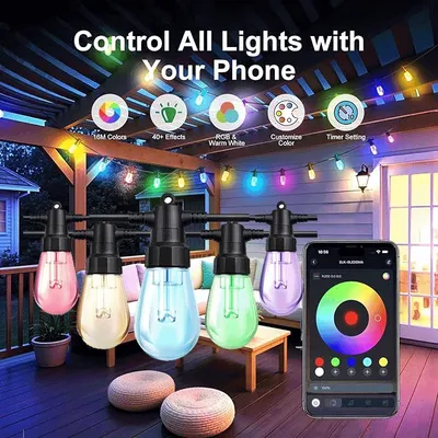 100FT Color Changing LED Outdoor String Lights IP66, 10 Shatterproof Bulbs with APP & Remote Control, Dimmable for Patio Garden