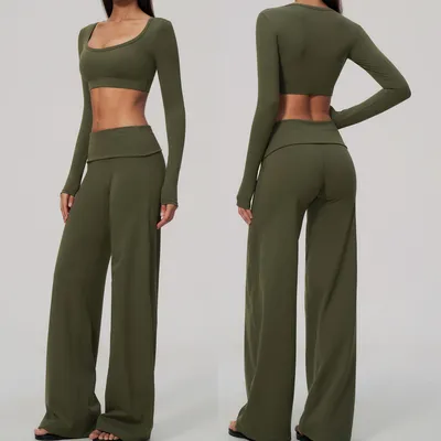 Women 2 Piece Workout Set, Large U-Neck Long Sleeve Anti-Slip Reinforced Elastic Band Crop Top & Fold Over High Waist Wide Leg Pants