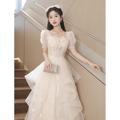 Nnr 2023 New Bubble Sleeve Bow Birthday Coming-of-Age Princess Dress Female Evening Dress