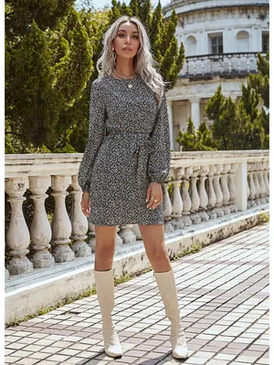 Slanna High Waist O Neck Patchwork Casual Print Party Dress Puff Sleeve Wrap Beach Dress