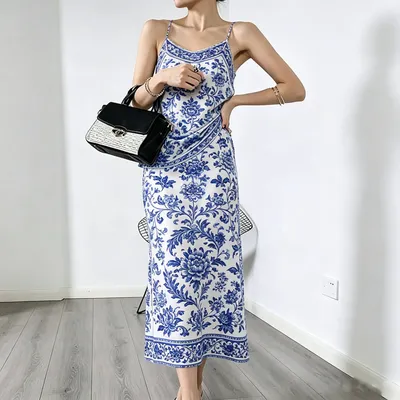 Blue and White Porcelain Print Satin Slip Dress, Women's V-Neck Slim Fit MIDI Dress with Chinese Style