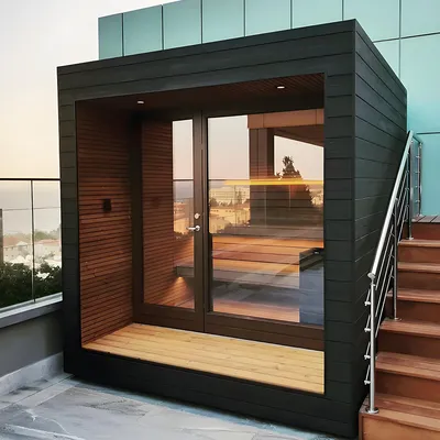 Triunity Modular 4-Person Outdoor Square Sauna Cabin - Commercial Prefab Dry Heat Timber House for Resort Project