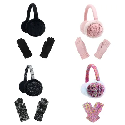 Custom Winter Cable Knit Earmuffs Gloves Warm Fleece Lined Glove Set Wholesale
