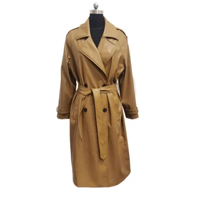 Brown Leather Coat Long Jacket Fashion Trench Cloth for Women