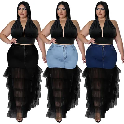 New Large-Size Women's Clothing Washed Denim with Net Fabric Sexy Half-Length Skirt See Through Mesh Skirts
