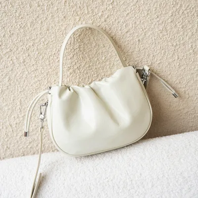 (V5715) New Niche Design Multi-Fold Cloud Bag Single Shoulder Oblique Down Hand Layer Cowhide Crack Female Bag