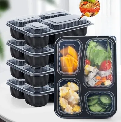 4 Compartment Black Rectangle Disposable Plastic Lunch Bento Box Microwave Safe Takeaway Meal Box