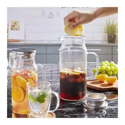 Glass Water Pitcher with Strainer Lid Beverage Glass Carafe for Juice Lemon Water Iced Tea Glass Jug