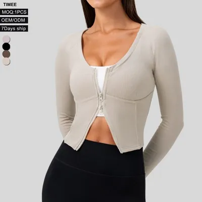 Autumn Winter Fleece Lined Sports Top Women Boned Slimming U-Neck Zip Long Sleeve Yoga Fitness Shirt