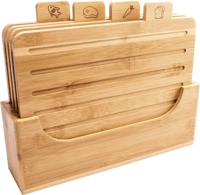 Bamboo Cutting Board Set of 4 Wooden Chopping Board Set with Holder Cutting Bboards for Kitchen with Labeled Icons Cutting Board with Juice Groove Bread Cutting
