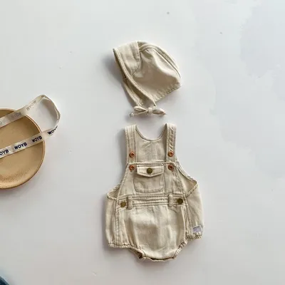 New Ins Summer Collection Casual One-Piece Baby Overalls for Newborns 100% Cotton with Button Closure Including Hat Children's Overall