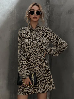 Slanan Autumn Bow Tied Neck Casual Long Sleeve Leopard Print Female Elegant A Line Party Offcie Ladies Mini Dress