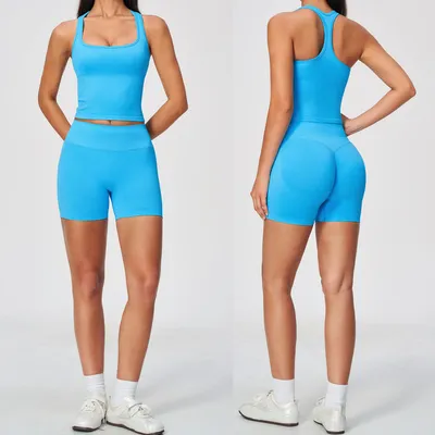Women 2 Piece Seamless Yoga Outfit, Cross Racerback Ribbed Tank Crop Top & High Waist Butt Lifting Biker Shorts, Workout Activewear Set
