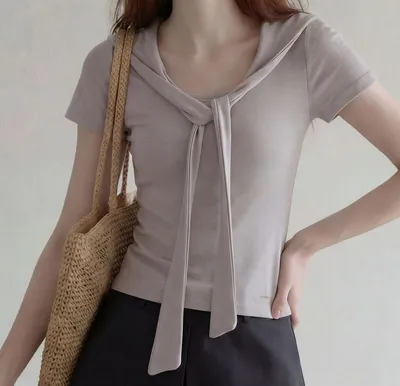 Women Designer Clothing Sailor Style Tie Front Short Sleeve Slim Knit Crop Top T-Shirt