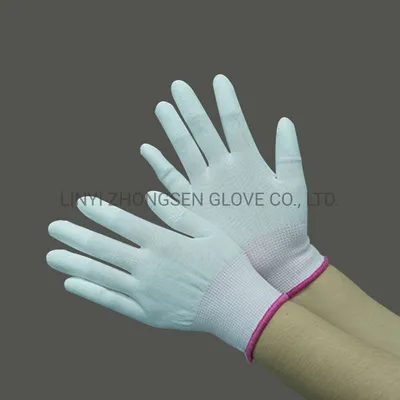 White Polyester Liner with White PU Finger Coated Safety Working Gloves