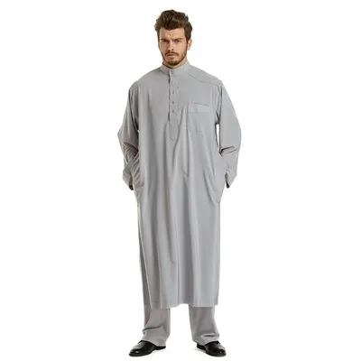 Men Muslim Saudi Style Robe Ishdasha Islamic Arab Thobe Abaya Polyester Robe Fabric