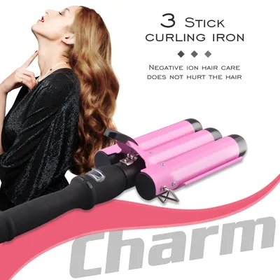 Styling Pink Ceramic Professional Rotating 3 Barrel Portable Rollers Automatic Hair Curler
