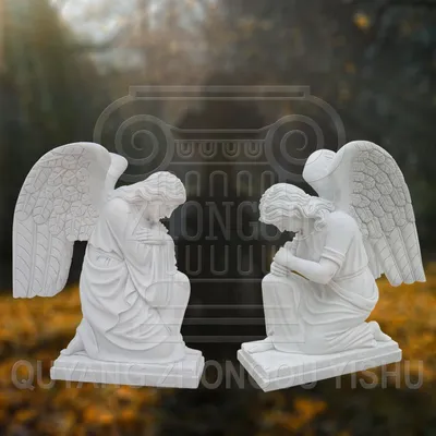 a Pair of Marble Kneeling Angel Sculptures Praying